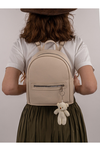 FLEXON Krem Yumuşak Suni Deri Ön Fermuarlı Cepli Okul Sırt Çantası