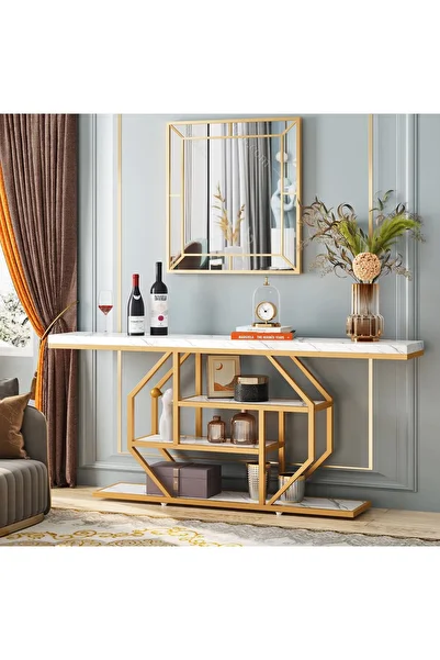 Tribesigns Masă consolă, finisaj marmurat, auriu+alb, lux modern, 180*30*87 cm