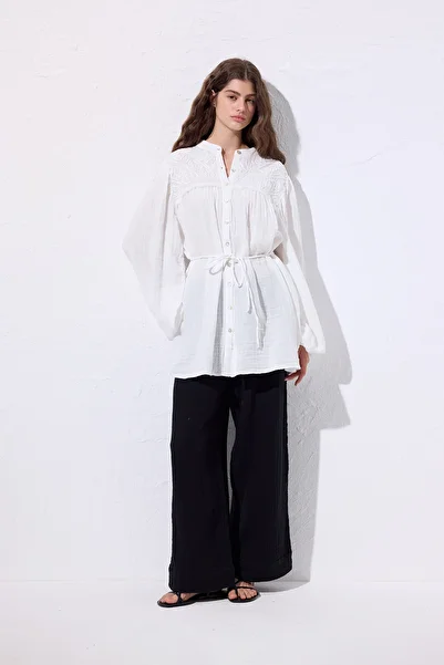Manuka PANTALONI DE LEGAT DE MUSLIN NEGRU