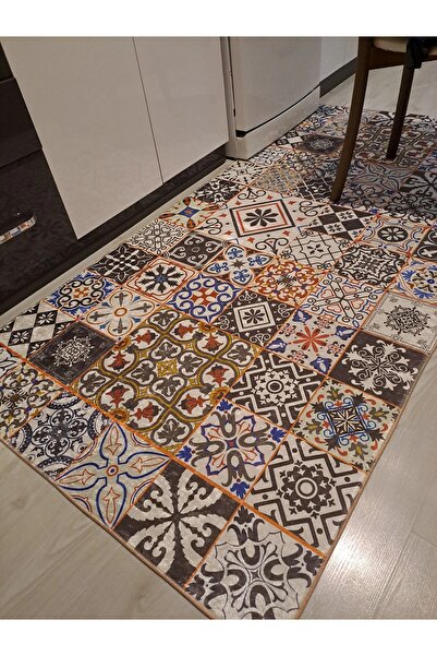 Frenda Home Kaymaz Taban Çini Desenli Yıkanabilir Balkon Halısı Mutfak Halısı
