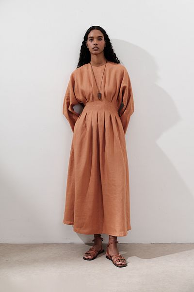 Manuka LEINEN-KLEID MIT FALZDETAIL ORANGE