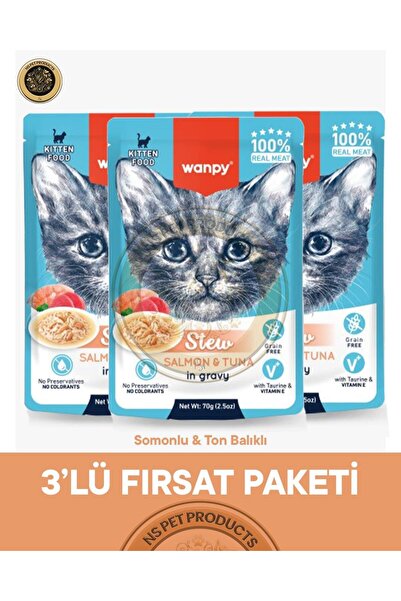 Wanpy Pouch Somon-Ton Yaş Yavru Kedi Maması 3lü Fırsat 3x70gr