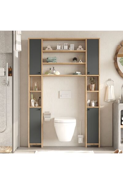 Yurupa Bahez Çok Amaçlı Tuvalet Banyo Dolabı Kapaklı Raflı Sepet-Antrasit BAH...