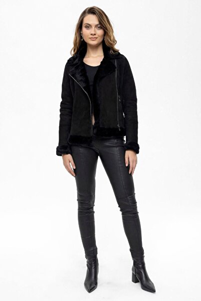 Deriderim Siyah Violet Fermuarlı Biker Hakiki Deri Kadın Kuzu Kürk Mont