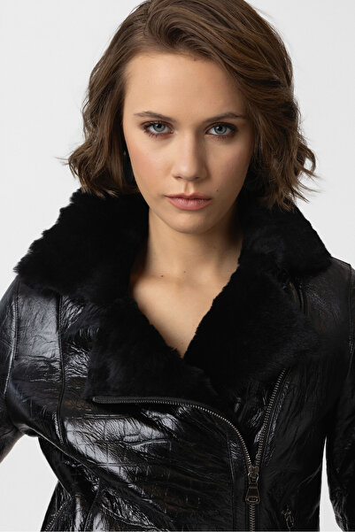 Deriderim Siyah Kroko Baskı Violet Fermuarlı Biker Hakiki Deri Kadın Mont