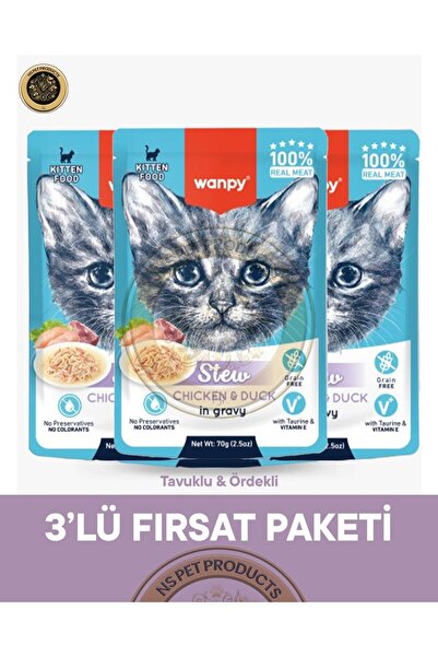 Wanpy Pouch Tavuk & Ördek Yavru Kedi Yaş Maması Seti 3x70 gr