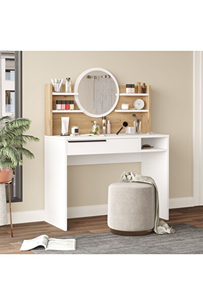 Yurupa Bohem Makyaj Masası 100cm Aynalı Raflı Çekmeceli Sepet-beyaz BOH28-SW