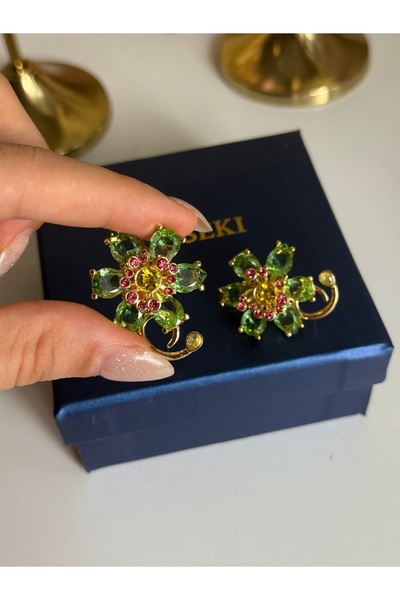 HOUSEKİ Yeşil Taşlı Büyük Çiçek Küpe