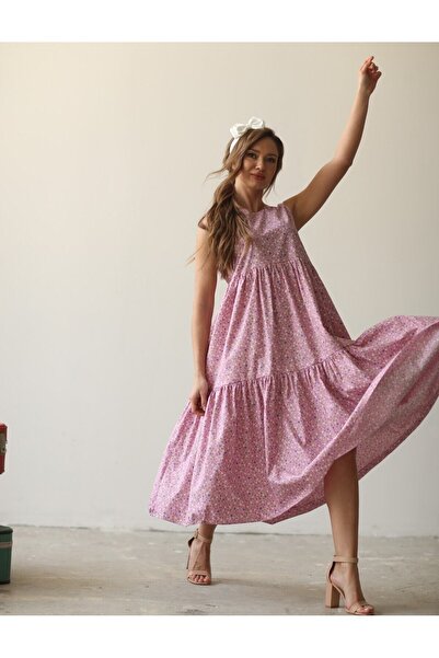 KÜÇÜĞÜM BUTİK Ροζ φλοράλ αμάνικο φόρεμα από ποπλίνα