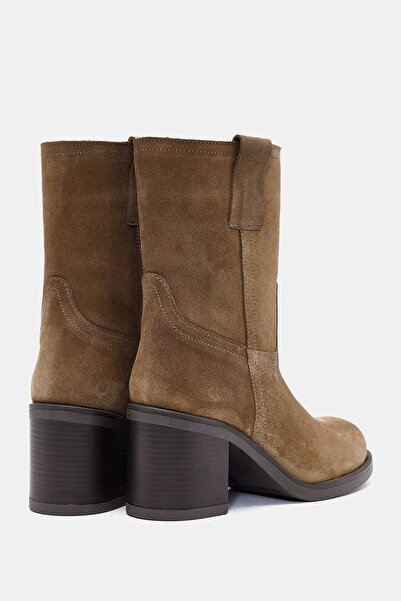 Bestyle Zenda Kadın Camel Gerçek Süet Deri Kalın Topuklu Bot