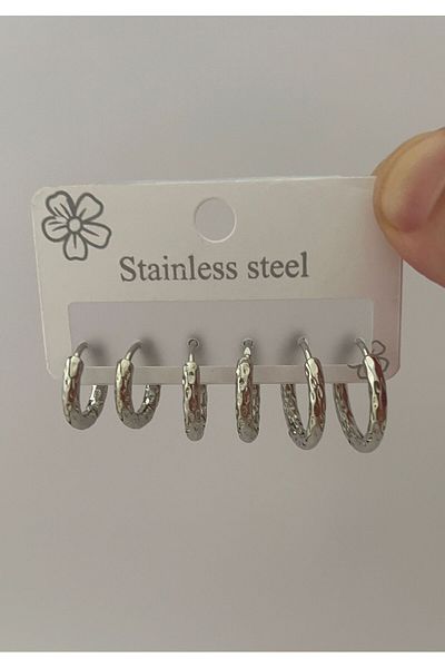 Goche Set of 3 Stainless Steel Patterned Hoop Earrings – Women's Minimal Elegant Model - High Quality