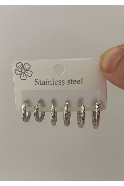 Goche Set of 3 Stainless Steel Patterned Hoop Earrings – Women's Minimal Elegant Model - High Quality
