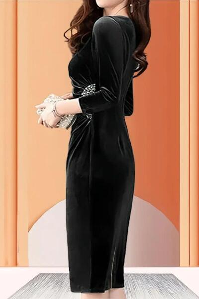 Mossta Uzun Kollu Taş Detaylı Midi Kadife Elbise - Siyah