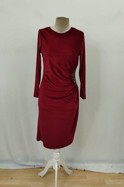 Mossta Uzun Kollu Taş Detaylı Midi Kadife Elbise - Bordo