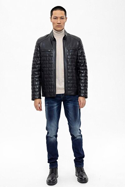 Deriderim Alfredo Siyah Fermuarlı Kapitone Dikişli Astarlı Erkek Hakiki Deri Mont