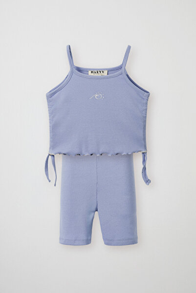 Marvy Blue Ribbed Strap Blouse - Mini Shorts