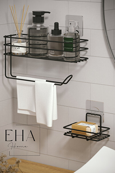 EHA HOME Yapışkanlı Banyo Rafı Kağıt Havlu Tutacağı Ve Metal Sabunluk Set Düz...