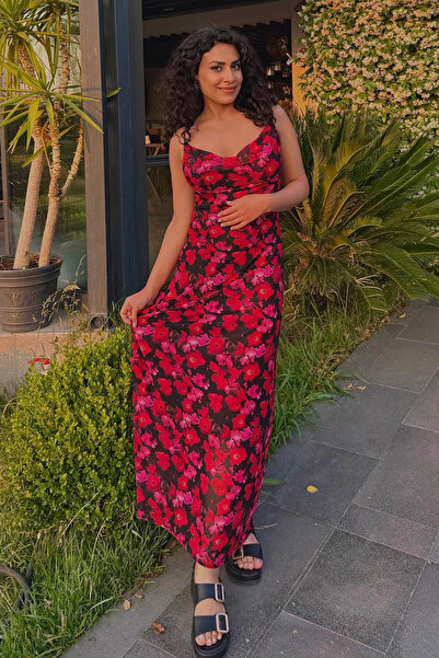 Madmext Kırmızı Desenli Ayarlanabilir Askılı Kadın Elbise Mg2385