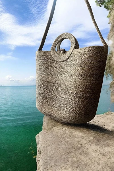 Arma House Natural Straw Buttoned Beige Striped Handmade Beach Bag