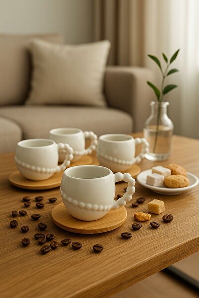 YzHome 6 Kişilik 12 Parça Bambu Tabaklı Beyaz Porselen Kahve Fincan Takımı Seti 90ml