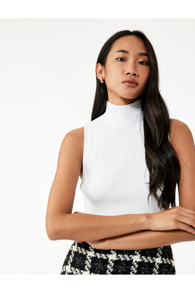 Koton Stand Collar Hair Knit Textured Sleeveless Knitwear Blouse