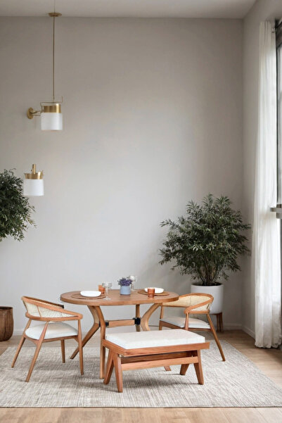 Woodenbend Leny Ahşap Masa Sandalye Takımı 80x130 cm | Benchli | 2 Sandalyeli | İskandinav Bohem Tarz