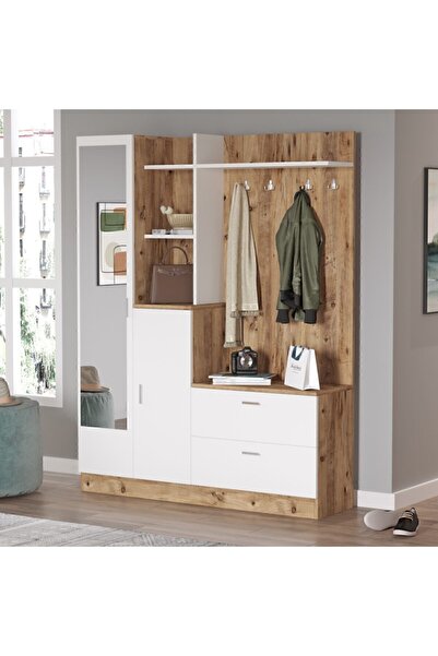 Yurupa Lidya Aynalı Vestiyer Ayakkabılık Portmanto Aynalı Raf 4 Kapaklı Çam-B...