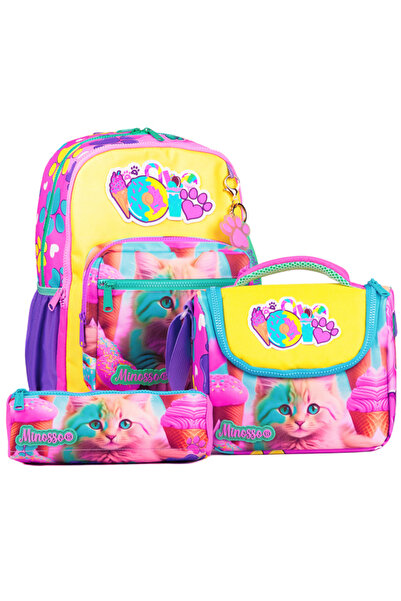Minosso Kedi Desenli Kız Çocuk 3'lü Okul Çanta Seti Set1001