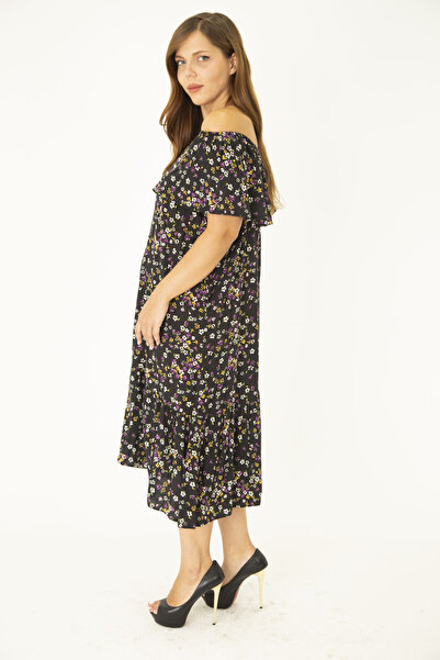 Şans Γυναικείο φόρεμα από πολύχρωμο υφαντό ύφασμα βισκόζης μεγάλου μεγέθους με ελαστικό γιακά και λεπτομέρεια 65N36916