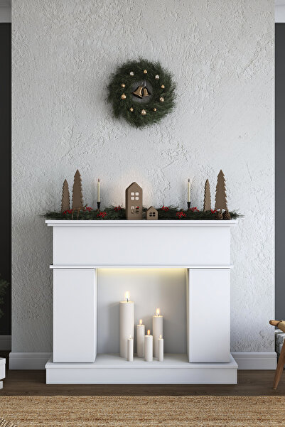 Rani Mobilya Rani AH110 Led Işıklı Dekoratif Desenli Kapaklı Raflı Gizli Depolama Alanlı Yapay Şömine Beyaz