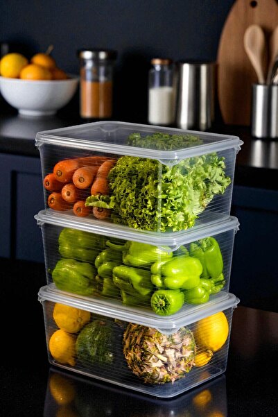 Ecolux 3 Adet MEGA Vakumlu Sızdırmaz Sebzelik Saklama Kabı Seti 6 Litre - Şeffaf - Buzdolabı Düzenleyici