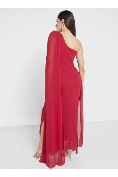 Daxe Textile Tek Omuzlu Kuyruk Detaylı Yırtmaçlı Şifon Elbise