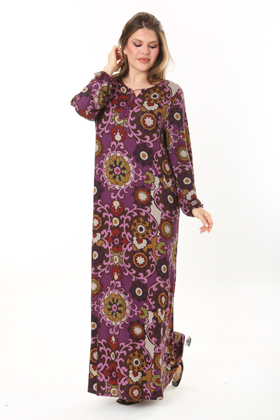 Şans Women's Plus Size Plum Collar Lace-up Long Sleeve Maxi Length Dress 65N37866