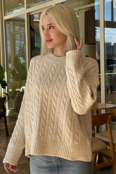Madmext Ecru Crew Neck Knitted Patterned Women's Knitwear Sweater Mg2520