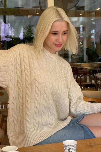 Madmext Ecru Crew Neck Knitted Patterned Women's Knitwear Sweater Mg2520