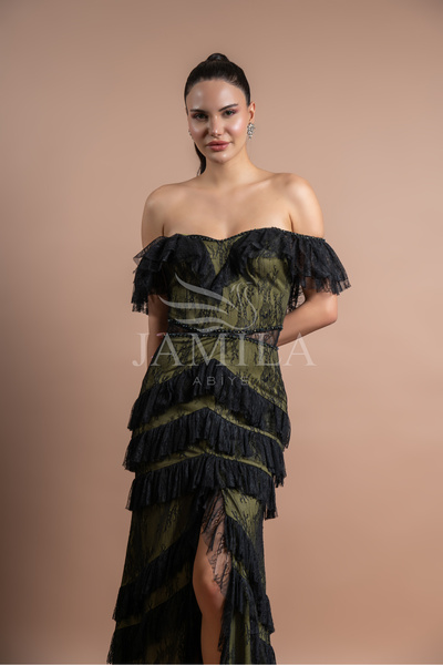 Lovely Dress Haki Dantel Detaylı Volanlı Abiye Elbise