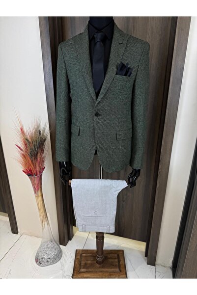 leonmen Erkek Yeşil İtalyan Stil Slim Fit Blazer Tek Ceket