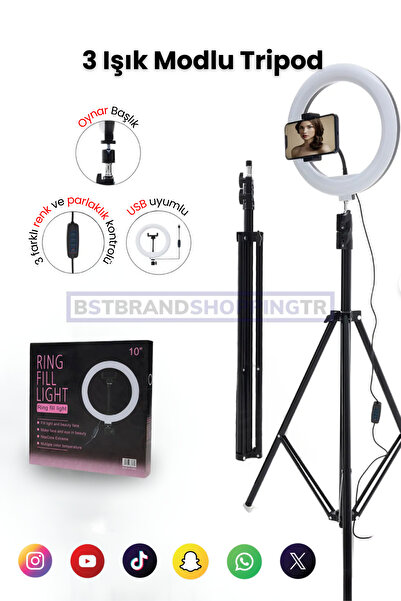 BSTBRANDSHOPPİNGTR 10"inç Ring Light Youtuber Tiktok Çekim Işıklı Telefon Tutucu Influencer Makyaj Işığı 2.10 m Tripod