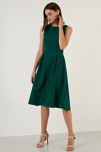 Lela Bisiklet Yaka Regular Fit Cepli Pileli Midi Elbise ELBİSE 6051963