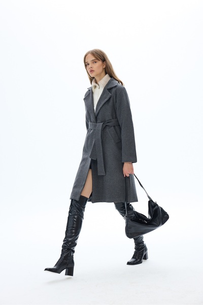 SevdeUgur Women's Gray Anthracite Belted Buttoned Cashmere Coat / Sevde Ugur