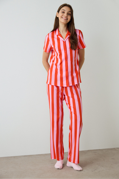 Penti Mercan Chill Days Striped Shirt Collar Cotton Short Sleeve Pajamas Set
