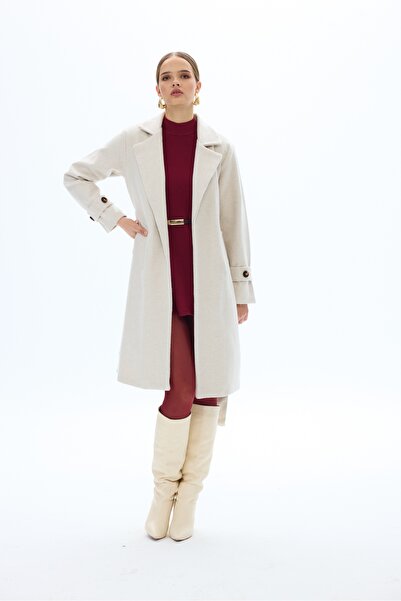 SevdeUgur Kadın Krem Kuşaklı Kaşe Kaban / Collection