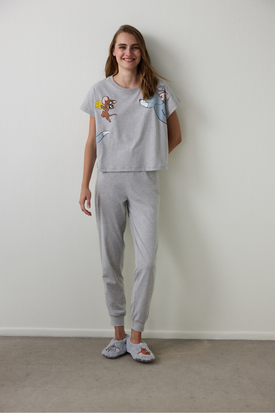Penti Gray Melange Tom & Jerry Printed Short Sleeve Pajama Set
