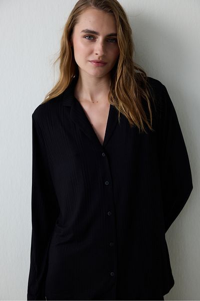Penti Black Corded Shirt Collar Long Sleeve Buttoned Pajama Set