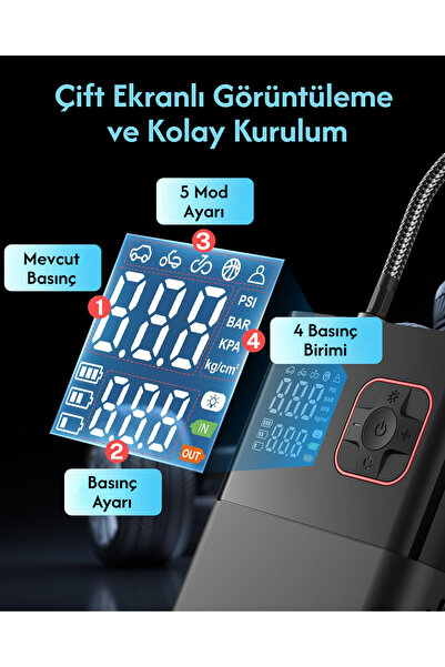 Enshall 6000mAh Led Işıklı Çantalı Şarjlı Ve Kablolu Araç Motor Bisiklet Top Lastik Şişirme Hava Kompresörü