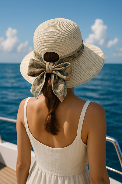 LAGRANZE Women's Scarf Detailed Straw Summer Wide Brim Beach Hat