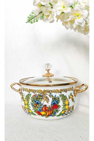 EBRULİEMAYE Pomegranate Lemon Luxury Enamel Pot 5 Liters 24 cm Diameter Milk Yogurt Soup Pot