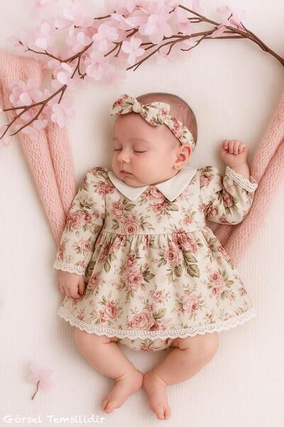 Minimus Newborn Baby Girl Daisy Cotton Dress Triangle Collar Guipure Woven Baby Dress Set with Hairband