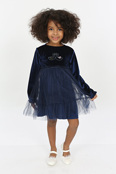 Toontoy Kız Çocuk Kuğu Baskılı Kadife Elbise