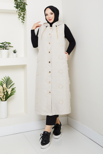 Pamuk Butik Women's Hooded Pocketed Jacquard Quilted Vest